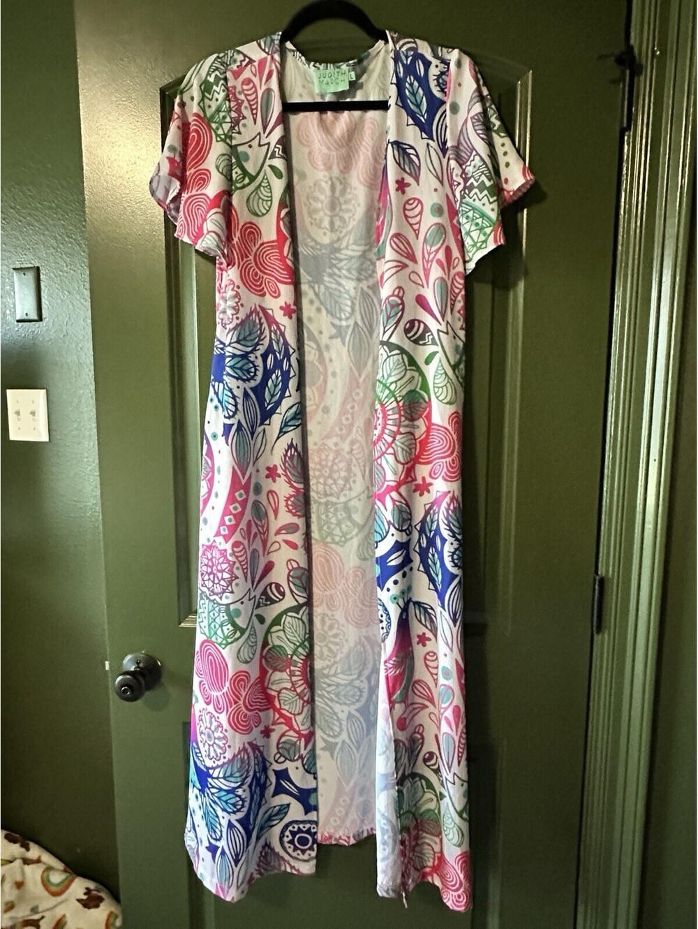 Judith March Full Length Cardigan Duster Size Large Peacock Print